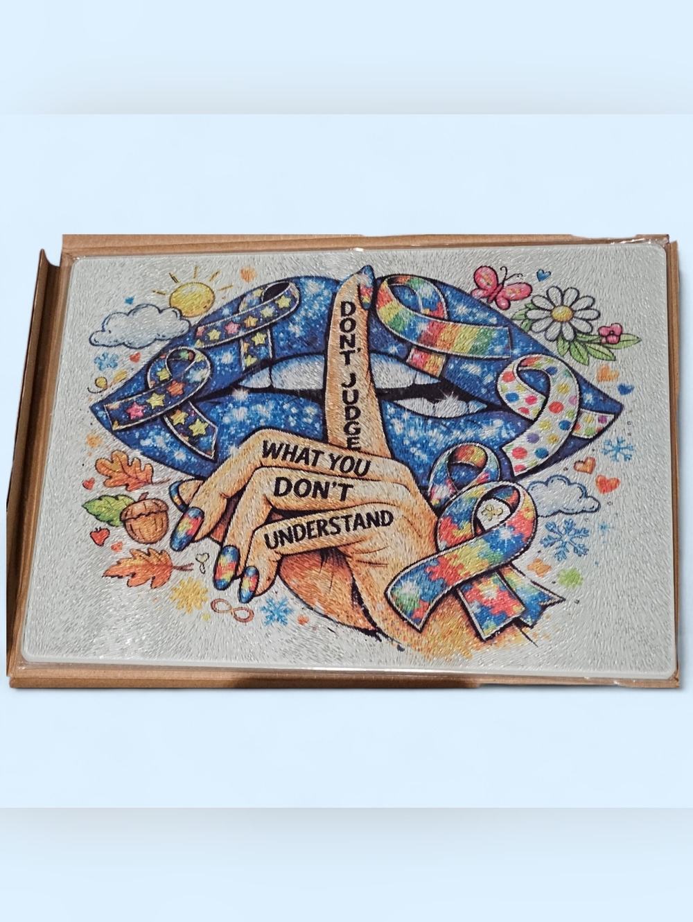Custom Autism Awareness Decorative Glass Cutting Board w/ Related Graphic ~ NIB